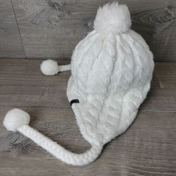 The North Face Beanie Womens White Fuzzy Earflap Cable Knit Hat OS Pom Tassles - Picture 5 of 9
